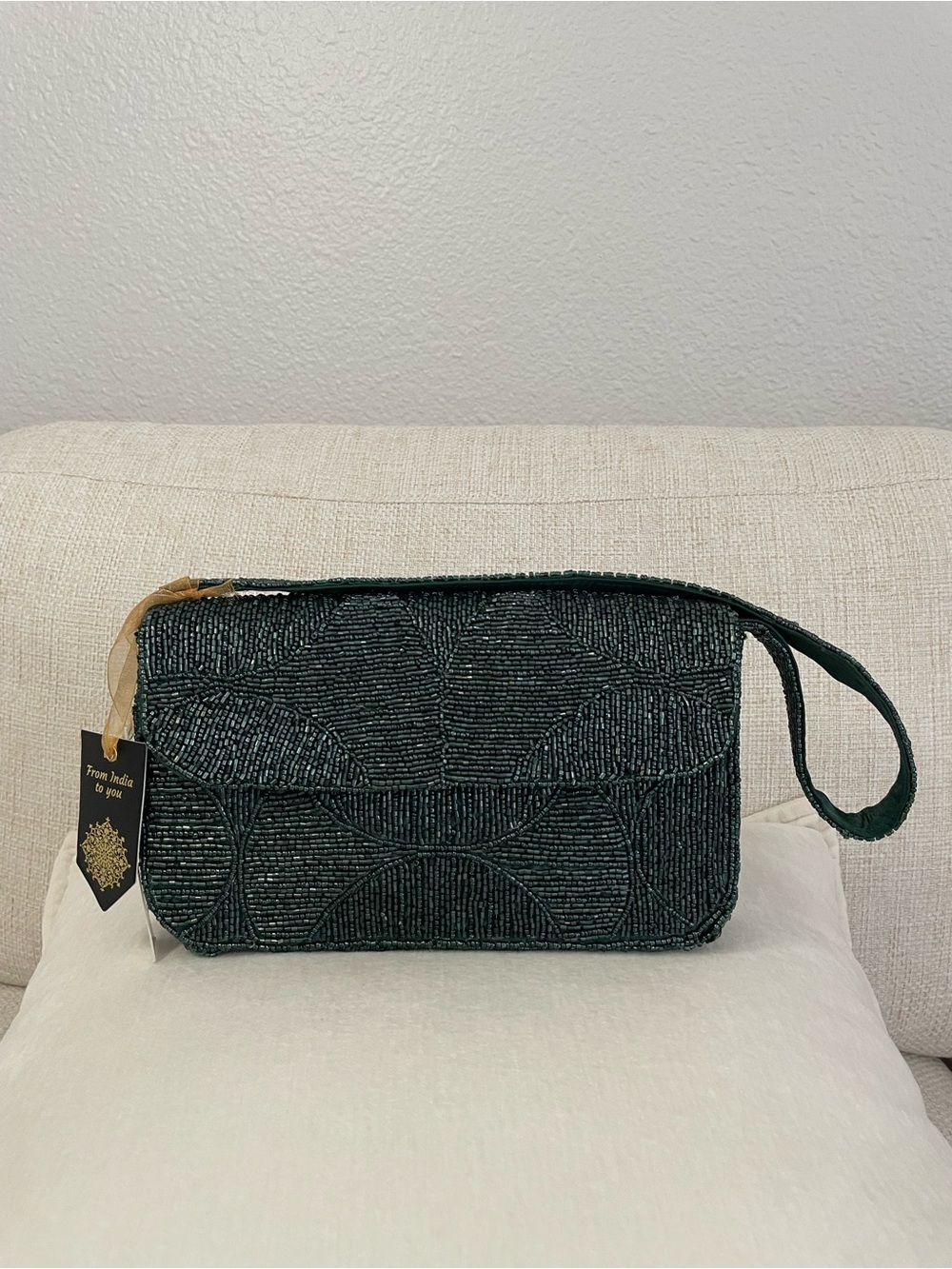 NWT Handcrafted Beaded Fan Design Shoulder Bag Dark Green